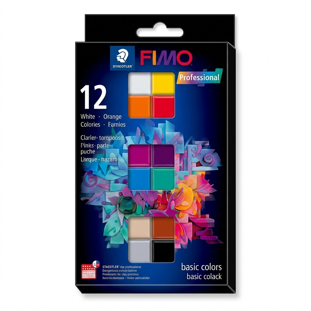 STAEDTLER Fimo Professional Modelling Clay Basic Colors 12-pack in original packaging. Pure white background.