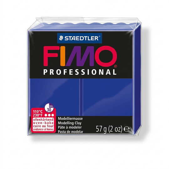A high-resolution photo of a 57g block of STAEDTLER FIMO Professional Ultramarine modelling clay.