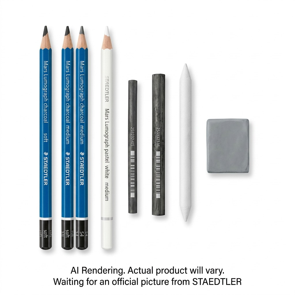 A professional, high-resolution product shot of the STAEDTLER Mars Lumograph Charcoal 7-piece set on a white background.