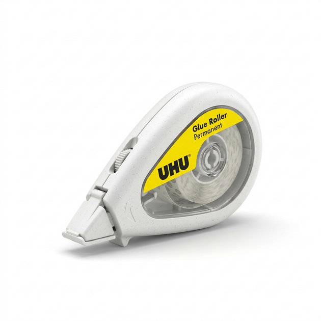 High-resolution hero shot of the white STAEDTLER UHU Glue Roller with permanent tape cartridge, centered on a pure white background with a clean contact shadow.