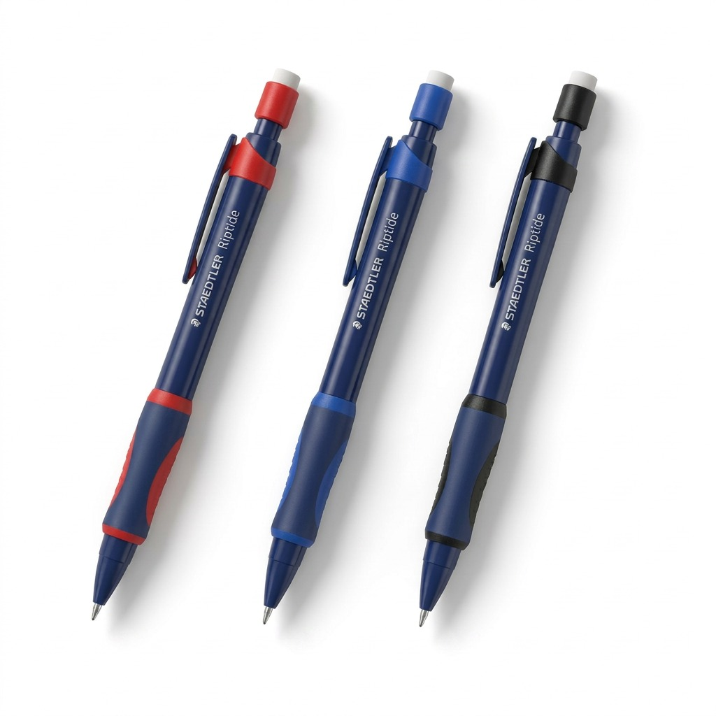 Three STAEDTLER Riptide 0.7mm mechanical pencils with red, blue, and black accents in a hero shot.