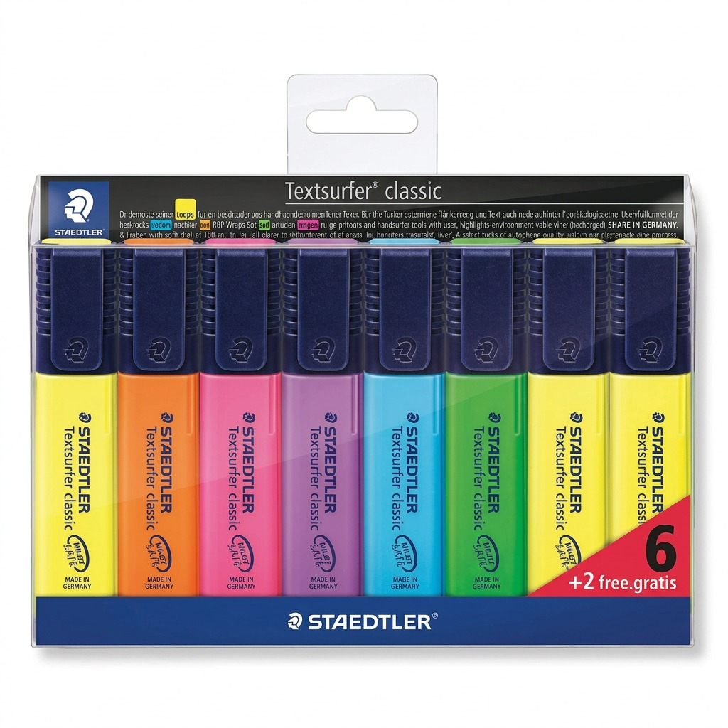 A high-resolution ecommerce hero shot of eight STAEDTLER Textsurfer Classic highlighters.