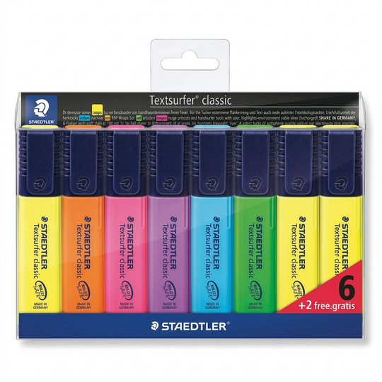 A high-resolution ecommerce hero shot of eight STAEDTLER Textsurfer Classic highlighters.