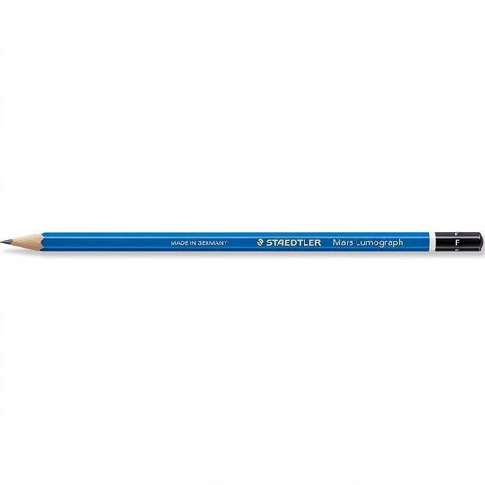 Pure high-resolution hero shot of a single STAEDTLER Mars Lumograph pencil, F grade, centered against a seamless white background.