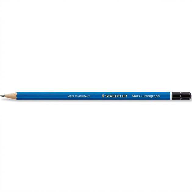 Pure high-resolution hero shot of a single STAEDTLER Mars Lumograph pencil, F grade, centered against a seamless white background.
