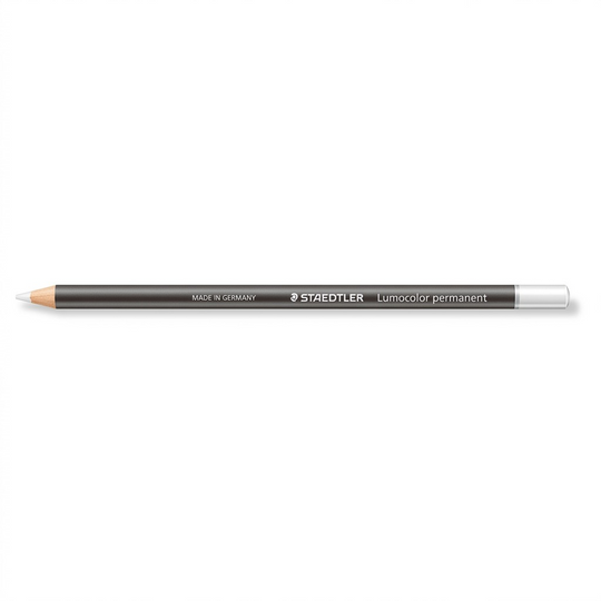 A high-resolution, centered view of a white STAEDTLER Lumocolor permanent glasochrom dry marker pencil.