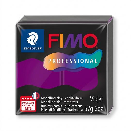 Pure ecommerce hero shot of a single block of STAEDTLER Fimo Professional 57g Violet modelling clay, centered on a clean white background.