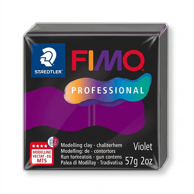 Pure ecommerce hero shot of a single block of STAEDTLER Fimo Professional 57g Violet modelling clay, centered on a clean white background.