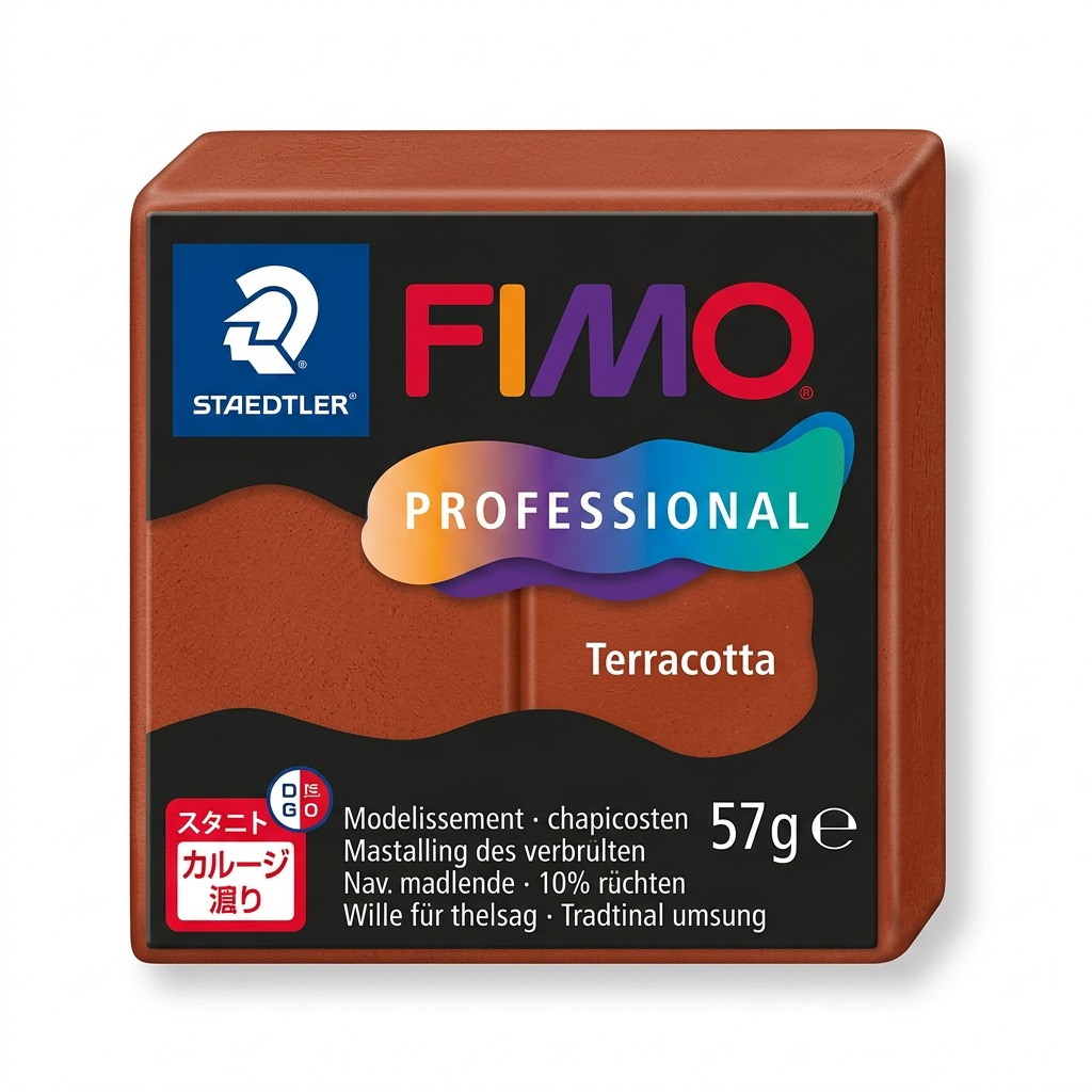 An accurate high-definition photo of a rectangular block of STAEDTLER Fimo Professional Terracotta modeling clay, clearly showing its texture and rich reddish-brown color, sitting on a clean, light surface with soft, diffused lighting.