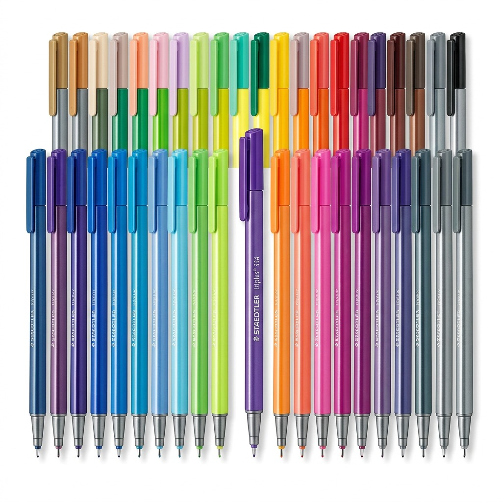 A centered high-resolution hero image of the 60 STAEDTLER triplus 334 fineliner pens on a pure white background.