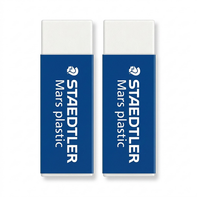 High-resolution hero shot of two STAEDTLER Mars N80 plastic erasers on a pure white background.
