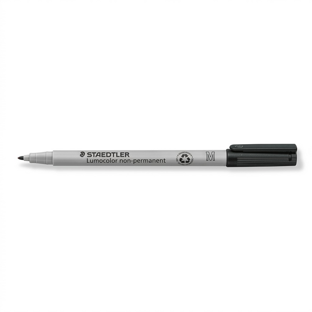 A high-resolution, centered image of a STAEDTLER Lumocolor non-permanent medium black marker on a pure white background. The marker is clearly identified with the STAEDTLER brand, "Lumocolor non-permanent" text, and the point size indicator.