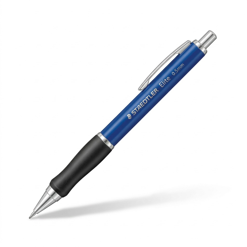 STAEDTLER Elite 0.5mmMechanical Pencil, black grip and blue barrel, pure white background.
