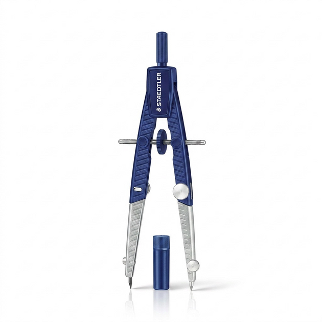 A high-resolution, centered view of a STAEDTLER 550 blueprinting-style compass, showing its dark blue body, silver legs, and black adjustment wheel, against a pure white background.