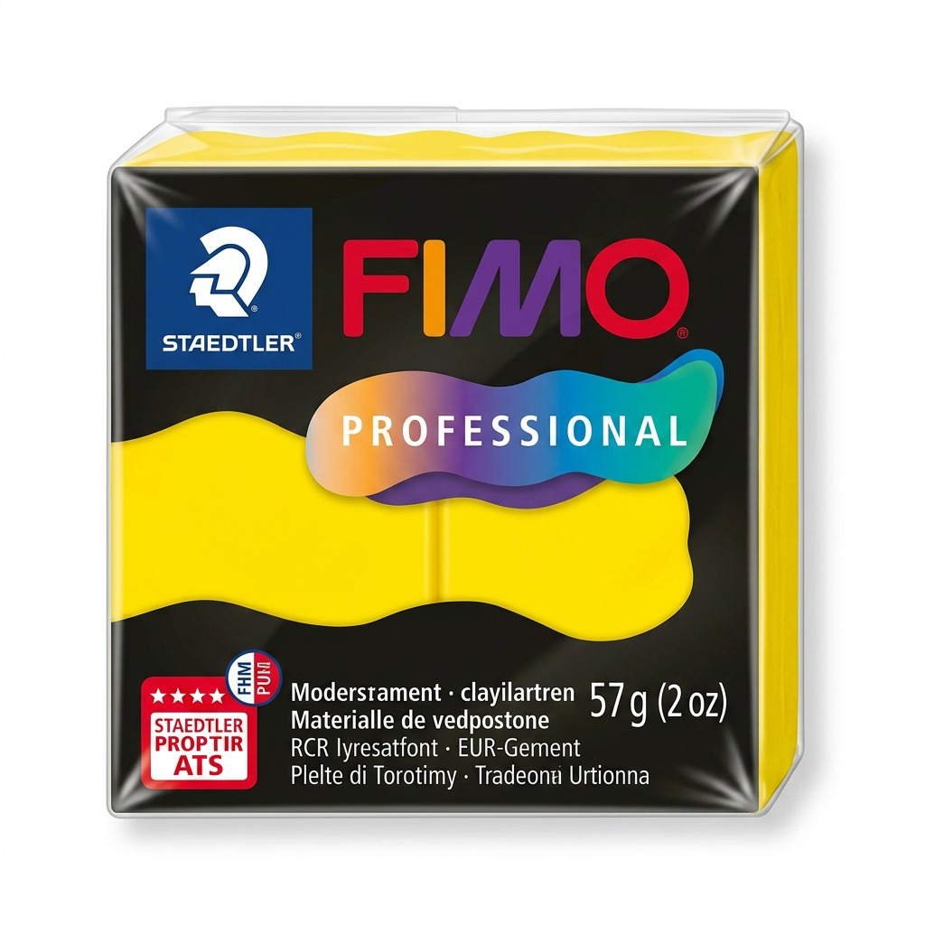 A high-resolution product shot of STAEDTLER Fimo Professional True Yellow modeling clay against a clean, white background.