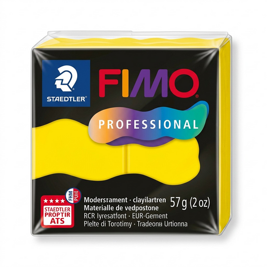 A high-resolution product shot of STAEDTLER Fimo Professional True Yellow modeling clay against a clean, white background.