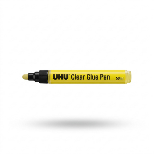A close-up photograph of one UHU Clear Glue Pen on a white background.
