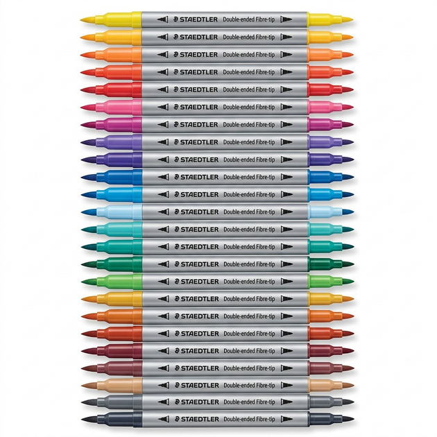 A high-resolution, centered view of the STAEDTLER Double-Ended Fibre-Tip Pens from the 72-pack, displaying their full length.