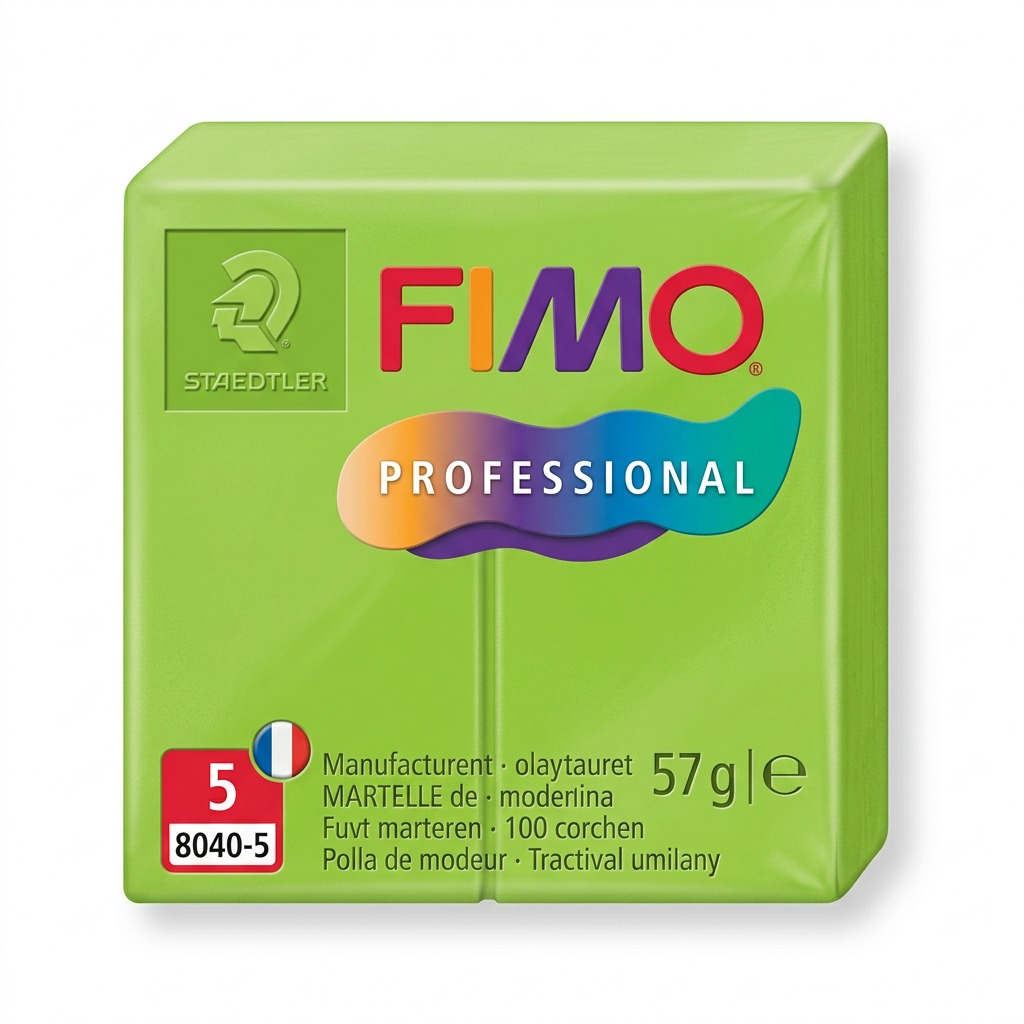 A high-resolution, centered image of a block of STAEDTLER Fimo Professional Light Green modeling clay on a seamless white background, capturing its textures and details.