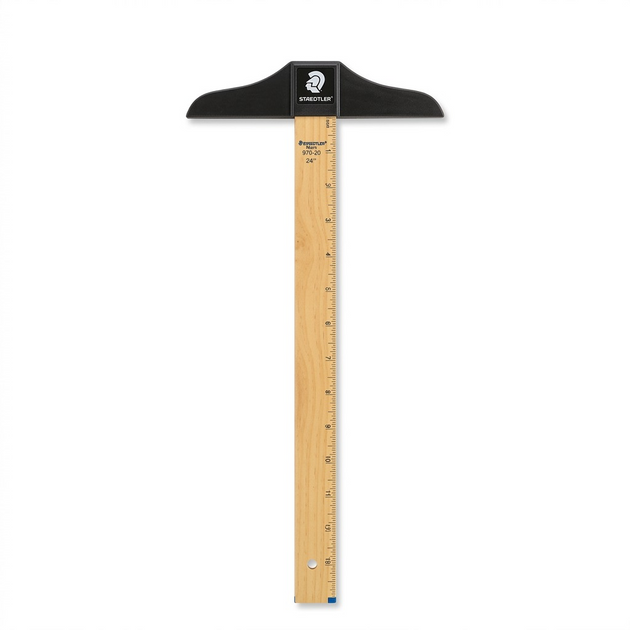 A high-resolution, pure white background product shot of the 24-inch STAEDTLER Mars T-square with a wood body and black head.