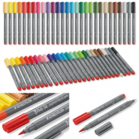 A set of three high-resolution images: the full 36-pen collection, a focused overview of tips and color range, and a macro shot highlighting the brush and fineliner options.