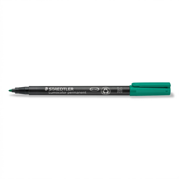 A detailed high-resolution product shot of a green STAEDTLER Lumocolor permanent marker.