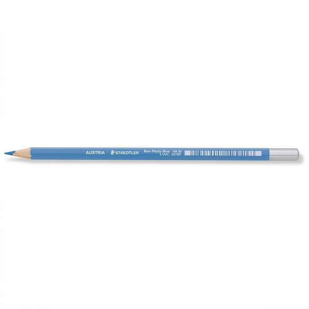 A high-resolution, pure white background product image capturing the light blue Staedtler 108-30-02 Non-Photo Blue Pencil in sharp, natural detail.