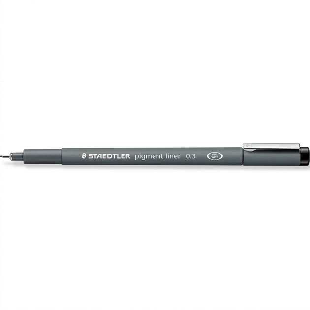 Hero shot of a STAEDTLER Fineliner 308 0.3mm black pen, focused, against a pure white background.