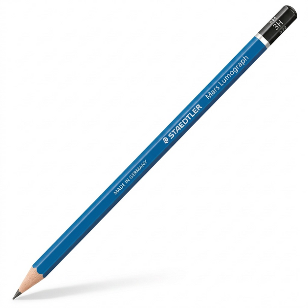 Pure high-resolution hero shot of a single pre-sharpened STAEDTLER Mars Lumograph 3H pencil.