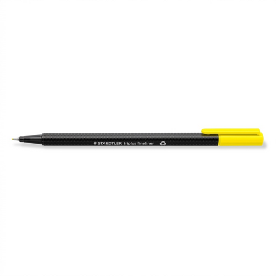 Hero shot of the black and yellow STAEDTLER triplus fineliner, centered on a pure white background.
