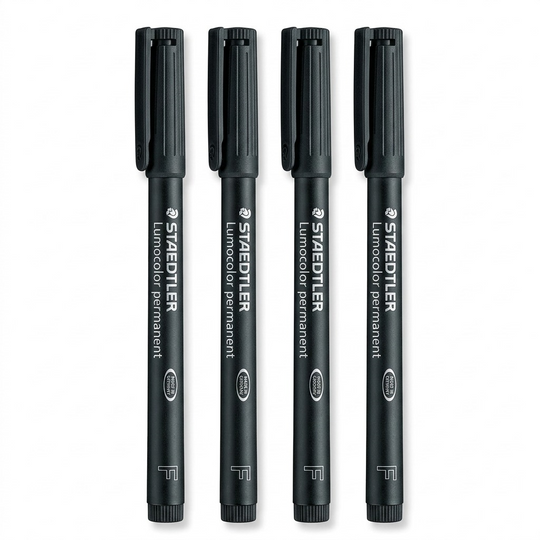 High-resolution macro photograph of four black Staedtler Lumocolor permanent markers, upright on a white background.