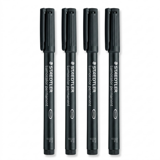 High-resolution macro photograph of four black Staedtler Lumocolor permanent markers, upright on a white background.
