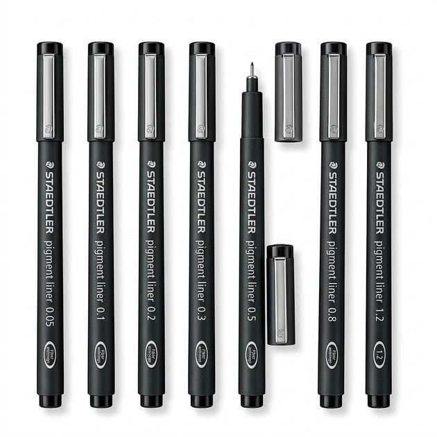 A high-resolution, centered flat lay photograph of eight Staedtler Pigment Liner technical pens, in black barrels with metallic caps, showing the range of sizes from 0.05mm to 1.2mm. All standard brand markings are visible.