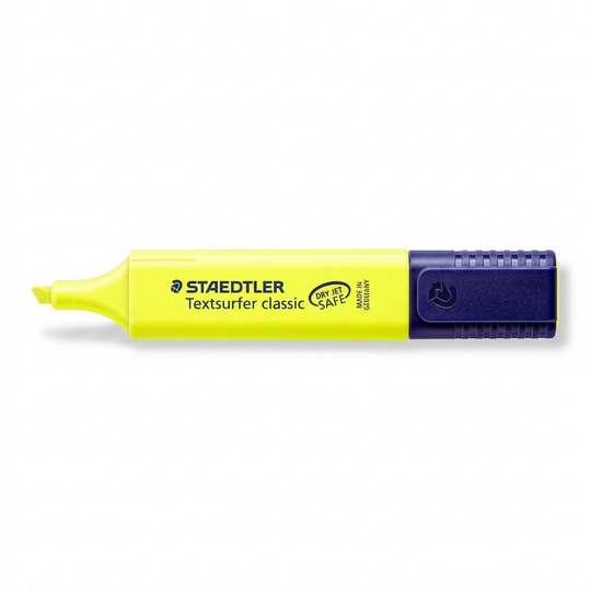A high-resolution ecommerce hero shot of a single STAEDTLER Textsurfer classic fluorescent yellow highlighter against a pure white background.
