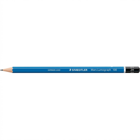 A clean, high-resolution hero photograph of a single blue Staedtler Mars Lumograph 2H drawing pencil, sharply detailed against a pure white background.