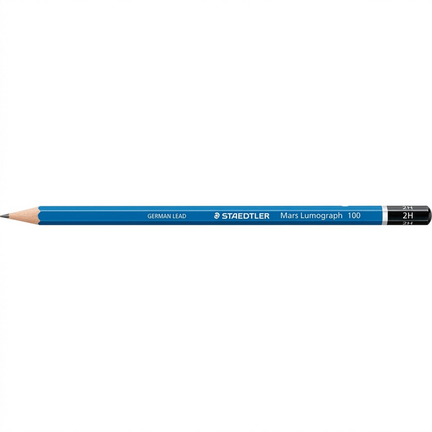 A clean, high-resolution hero photograph of a single blue Staedtler Mars Lumograph 2H drawing pencil, sharply detailed against a pure white background.