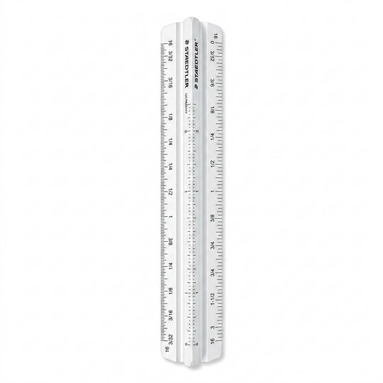 A high-resolution, centered view of the white STAEDTLER 98719-31BK triangular architect's scale ruler.