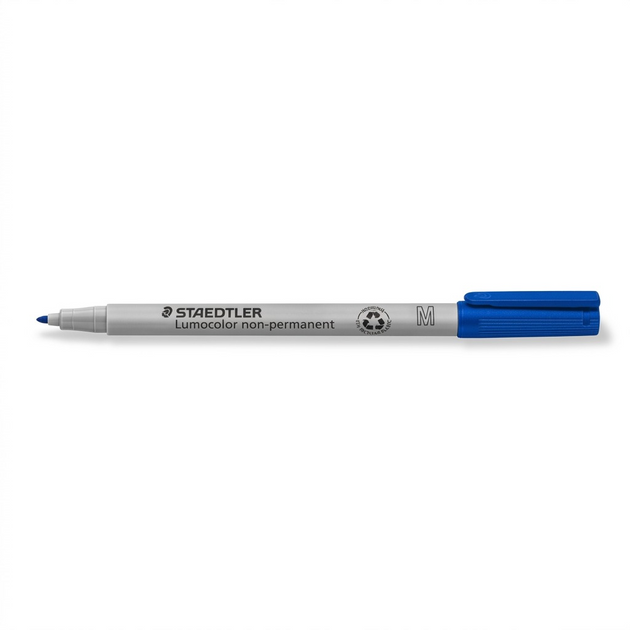 A high-resolution product photograph of a STAEDTLER Lumocolor non-permanent medium blue marker.