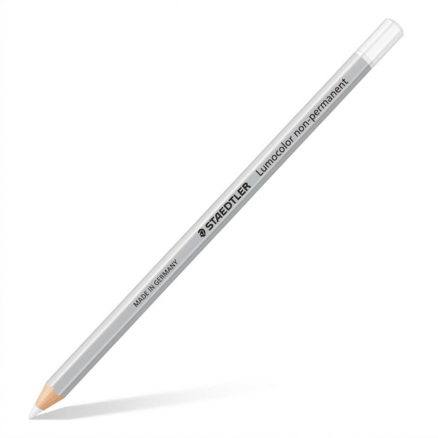 A photorealistic hero shot of the white STAEDTLER Lumocolor non-permanent pencil.