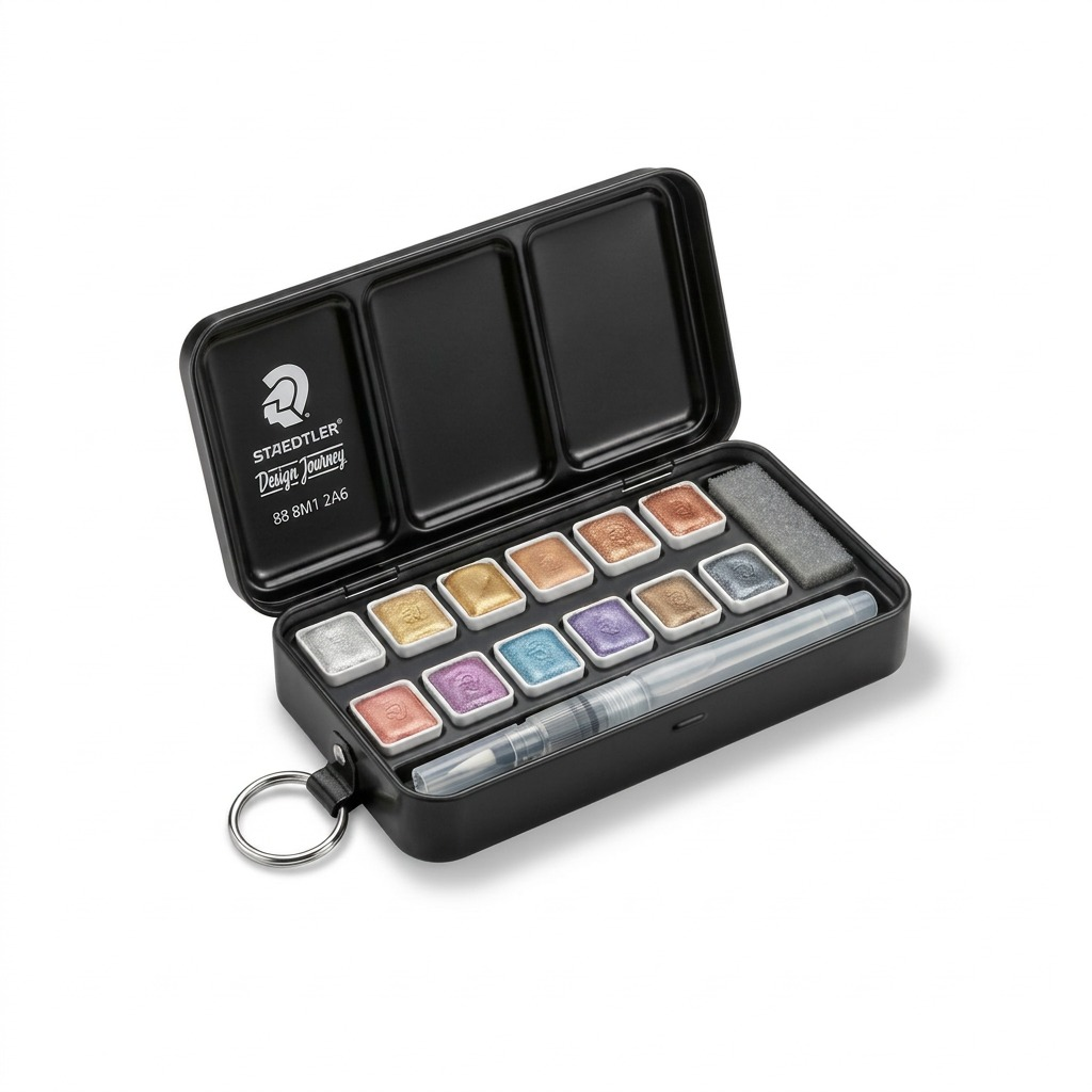 A high-resolution, centered image of the STAEDTLER Metallic Watercolor Pan 12-set with a clear water brush in an open black metal tin on a pure white background. The tin displays the "STAEDTLER" and "Design Journey" logos inside the lid.