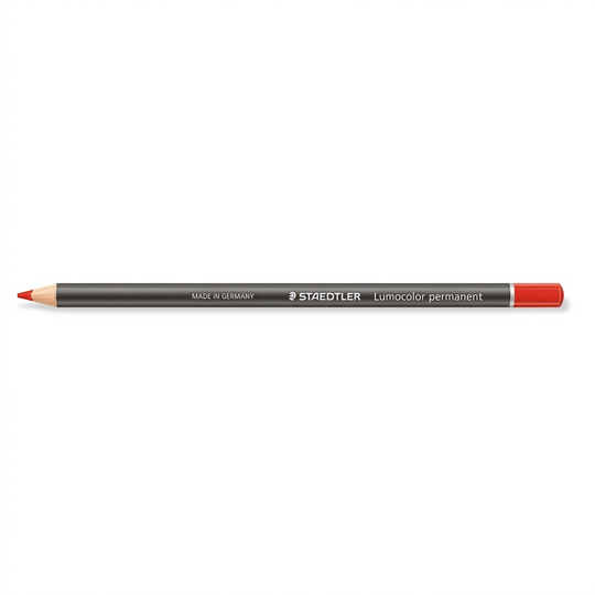 Pure hero shot of a red Staedtler Lumocolor permanent glasochrom dry marker pencil on a white background.