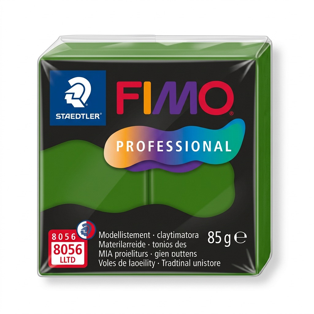 A crisp hero shot: an unwrapped 57g bar of STAEDTLER Fimo Professional Leaf Green clay, showing texture.