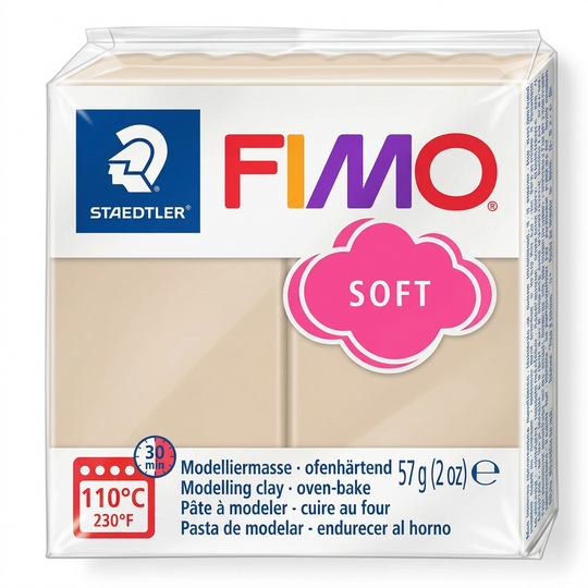 Pure high-resolution hero shot of STAEDTLER Fimo Soft Sahara 57g (2 oz) modeling clay in its original packaging, centered on a pure white background.