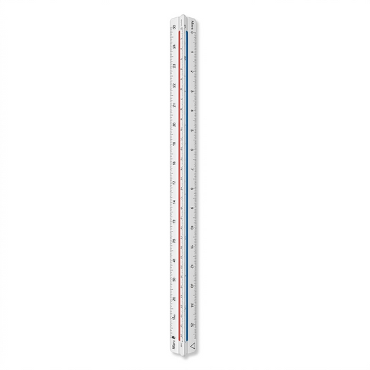 A high-resolution, centered view of the STAEDTLER Mars 987-18-4BK 30cm triangular metric scale ruler, as seen in image_0.png but removed from packaging. This precise professional tool is made of durable white plastic with color-coded red and blue strips in the recesses. Precision metric scale markings are clearly printed along all edges, and the STAEDTLER logo and Mars head are visible. It stands upright on a pure white background with soft, clean shadows.