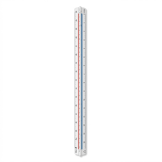 A high-resolution, centered view of the STAEDTLER Mars 987-18-4BK 30cm triangular metric scale ruler, as seen in image_0.png but removed from packaging. This precise professional tool is made of durable white plastic with color-coded red and blue strips in the recesses. Precision metric scale markings are clearly printed along all edges, and the STAEDTLER logo and Mars head are visible. It stands upright on a pure white background with soft, clean shadows.