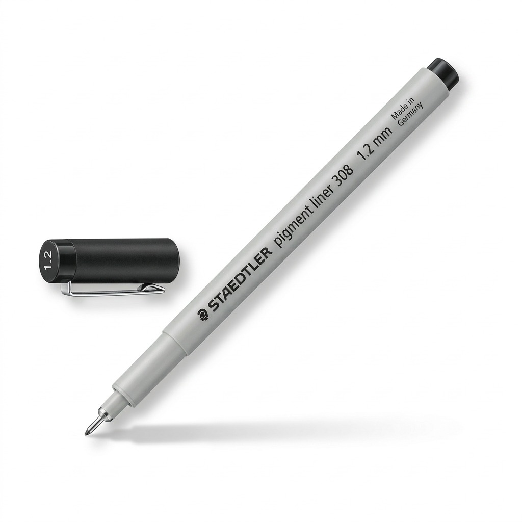A high-resolution, centered view of the STAEDTLER Fineliner pigment liner 1.2 mm black, with its cap removed, showcasing the precise tip and clear manufacturer markings on a clean white background.