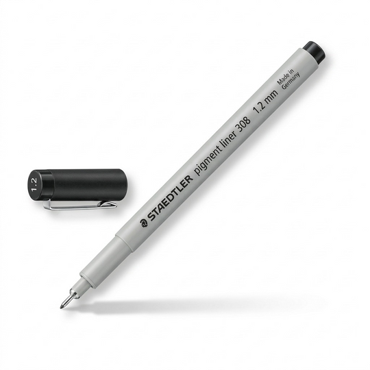 A high-resolution, centered view of the STAEDTLER Fineliner pigment liner 1.2 mm black, with its cap removed, showcasing the precise tip and clear manufacturer markings on a clean white background.
