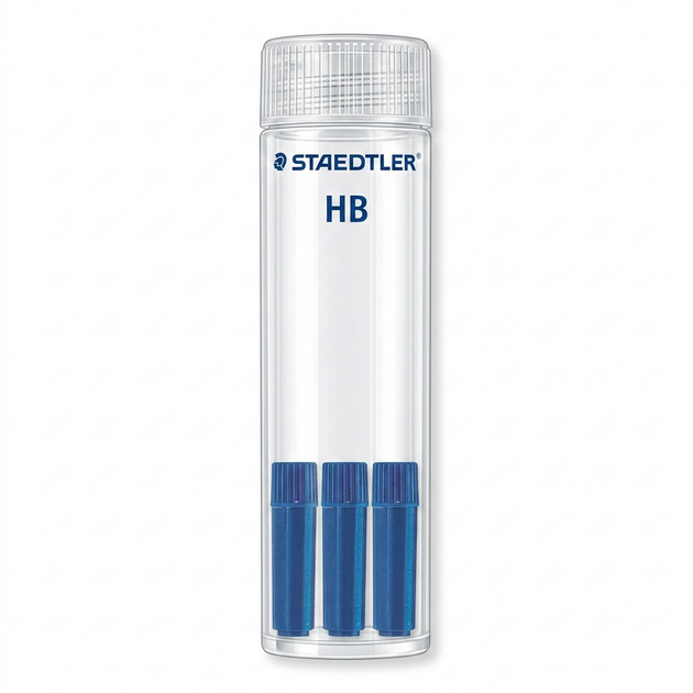 A high-resolution, centered view of the STAEDTLER HB compass lead storage container and three lead refill tubes.