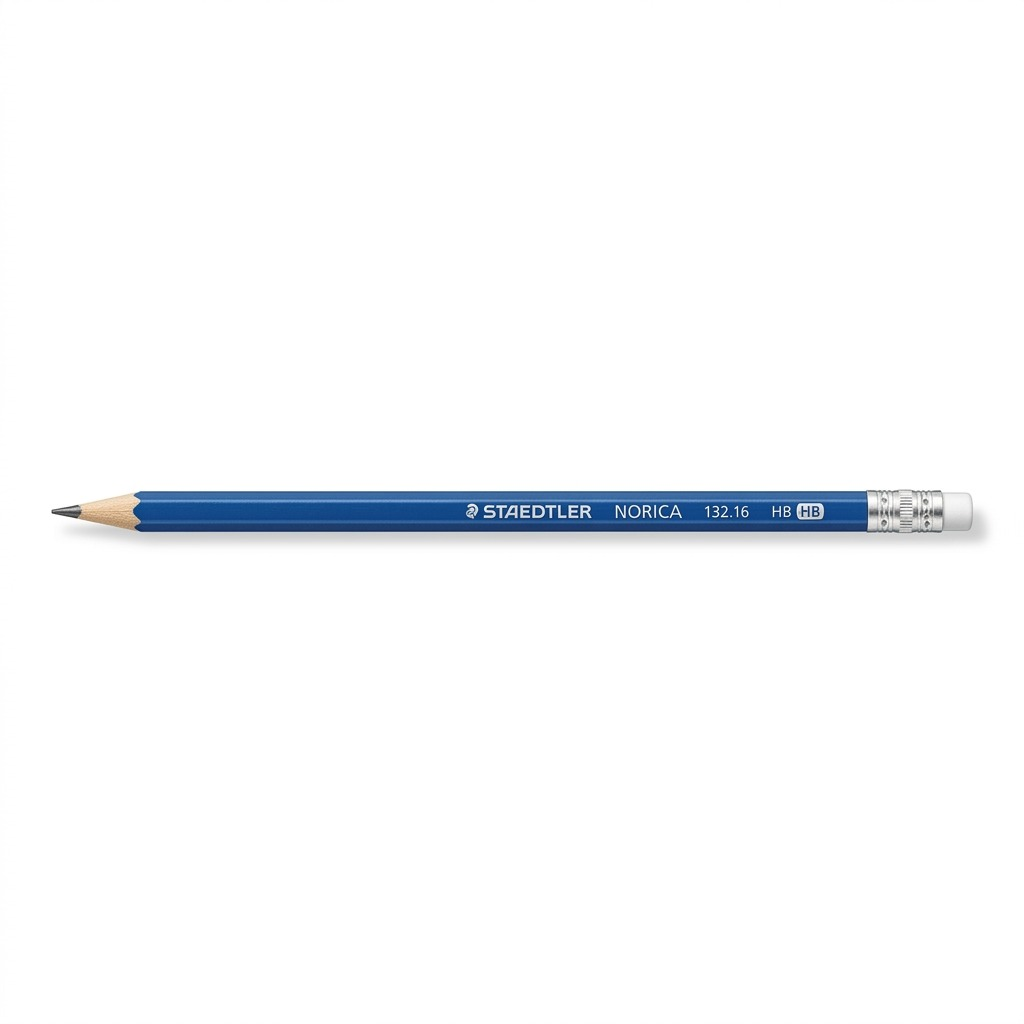A high-resolution image of a Staedtler Norica blue pencil, sharpened and with a silver ferrule and white eraser.