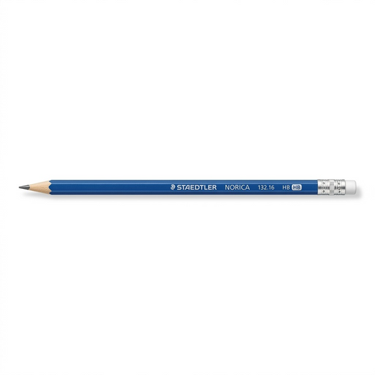 A high-resolution image of a Staedtler Norica blue pencil, sharpened and with a silver ferrule and white eraser.